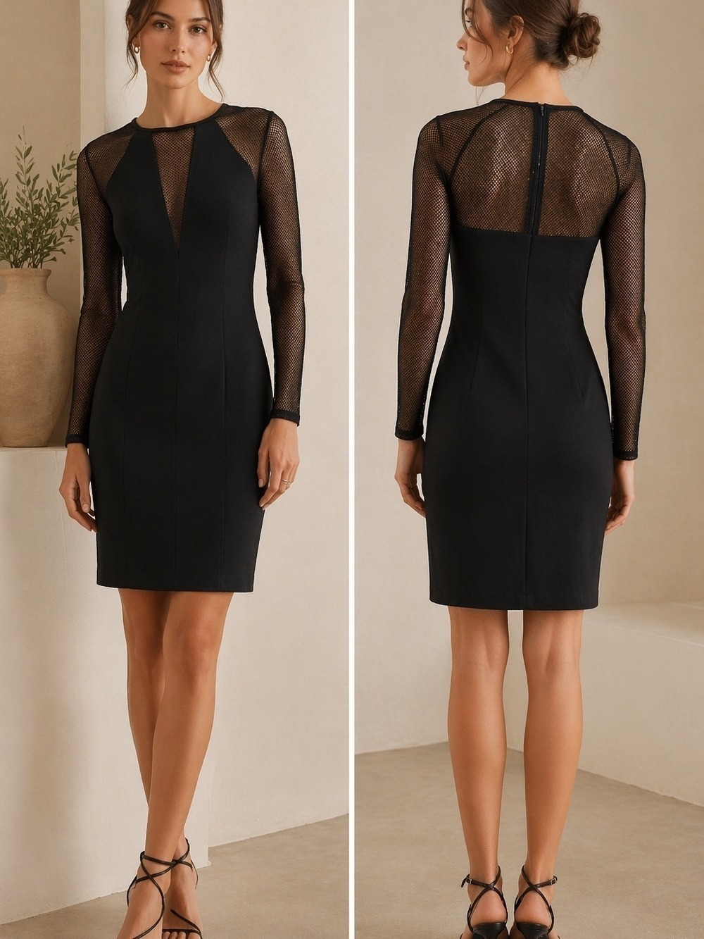 Dynamite Minimalist Black Mesh Panel Midi Dress Sleek Fitted Long Sleeve Size L